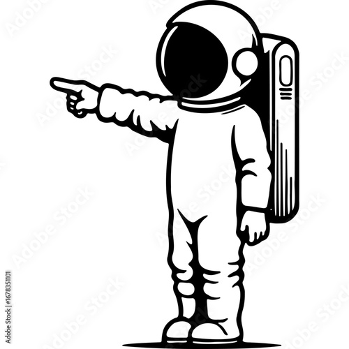 Sketchy emblem of small humanoid astronaut points forward. Engraving minimalistic vector in black ink drawing on transparent background