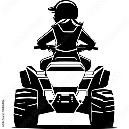 Sketchy sport emblem of Girl rides quad bike rear view from behind. Engraving minimalistic vector in black ink drawing on transparent background