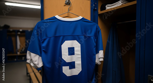 Iconic jersey number nine hangs ready in a professional locker room, inspiring athletic achievement and team spirit.