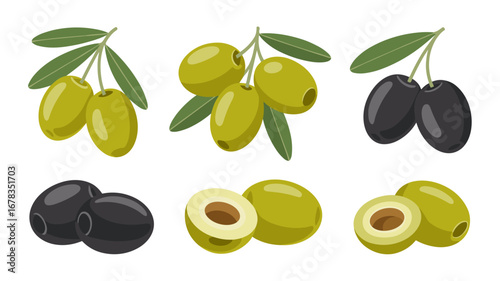 Green and black olive vector icons with leaves and a sliced view, perfect for food, Mediterranean, and healthy designs.