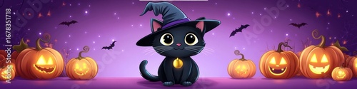 Cute cartoon black cat wearing a witch hat surrounded by glowing jack o'lanterns