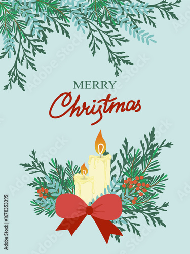  Merry Christmas vector illustration featuring lit candles surrounded by evergreen branches, red berries, and a festive red bow. Ideal for holiday greetings and decorations. 
