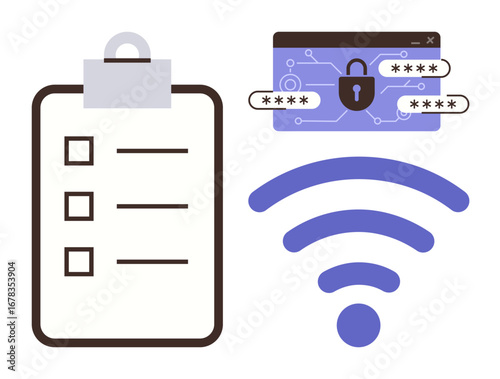 Clipboard with checklist, browser login secured by encryption, and wireless icon. Ideal for cybersecurity, data management, privacy, secure communication, internet safety, tech policies simple flat