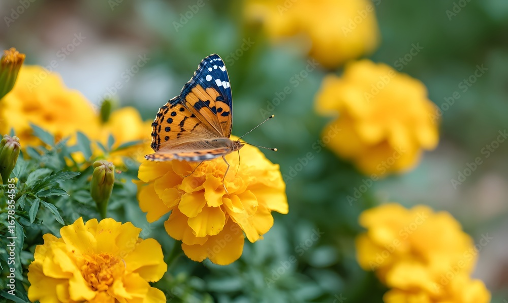 Obraz premium Close-up photo of a vibrant marigold flower (Tagetes) in full bloom, with a butterfly resting on its petals