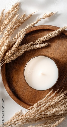 Wooden tray holds a candle, surrounded by dried wheat stalks