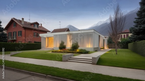 Wallpaper Mural Modern residential architecture featuring a contemporary single-story house with clean lines, large windows, Torontodigital.ca