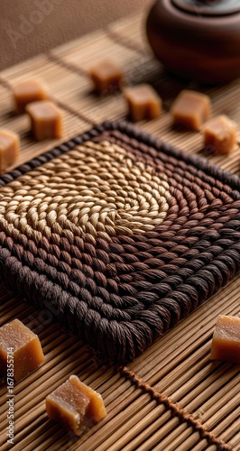 Woven coaster, brown and beige, surrounded by caramel candies on bamboo mat