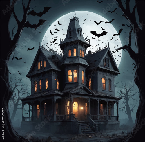 Creepy Gothic Haunted Home – Dark Halloween Night Design, Adobe Illustrator Artwork