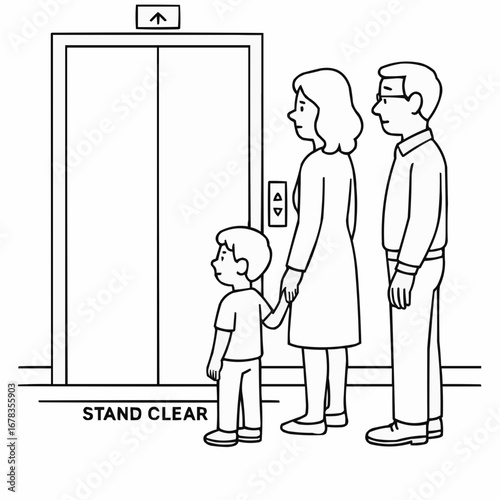 Coloring book for kids - Family waiting for elevator with child standing in front of them  