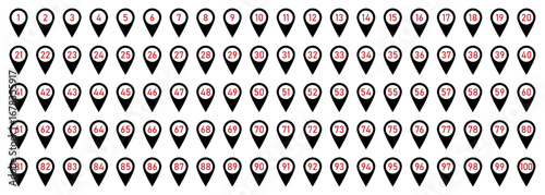 Vector illustration of 100 black location pin icons with numbers from 1 to 100. Numbered location pin icon set. Map marker symbol set with 1 to 100 numbers. Flat style.