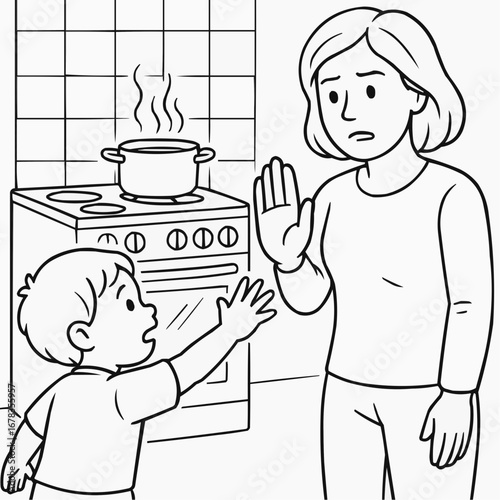 Coloring book for kids - Mother stopping child from touching hot stove in kitchen  