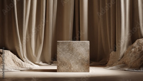 Beige draped backdrop, light beige cube pedestal, earthy scene