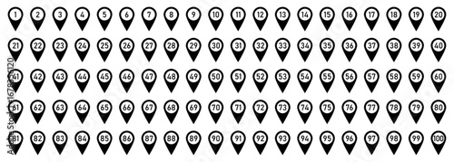 Vector illustration of 100 black location pin icons with numbers from 1 to 100. Numbered location pin icon set. Map marker symbol set with 1 to 100 numbers. Flat style.