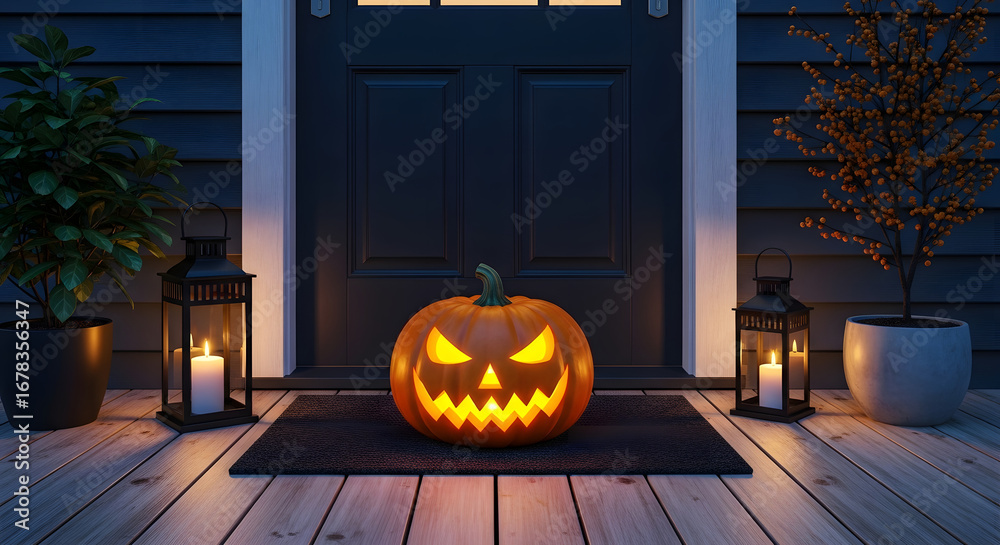 Fototapeta premium Glowing Jack-o'-Lantern on Porch – Halloween Doorstep Decoration Scene