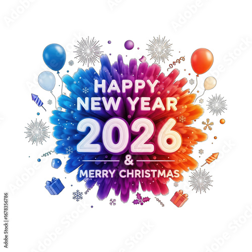 Festive Happy New Year 2026 and Merry Christmas Design with Balloons and Gift Boxes