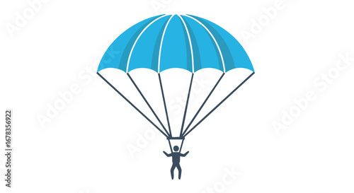 Isolated graphic of a skydiver with a light blue parachute descent over a stark white backdrop ready to land