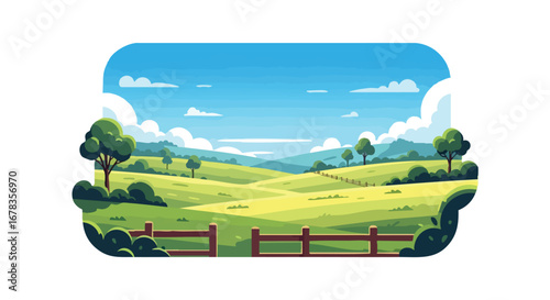 Idyllic rural scene illustration with rolling green hills under a serene blue sky providing a peaceful and picturesque landscape view