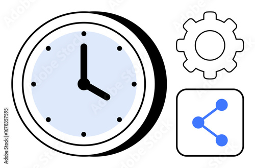 Clock indicating time, gear symbolizing settings, and network icon for connectivity. Ideal for productivity, workflow, efficiency, tech, networking, planning and simple landing page