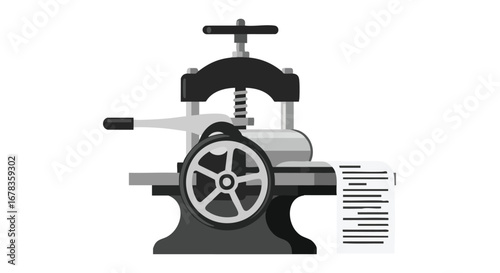 Illustrative portrayal of an vintage letterpress printing machine operating on white, representing the era of mechanical typeset and artisanal