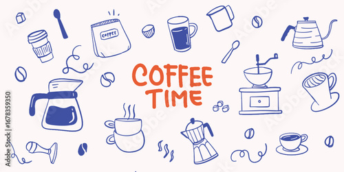 coffee time doodle set hand drawn. coffee icon collection, sketch vector vintage illustration. coffee bean, cup, ice, glass, grinder, mokapot, spoon. collection for card, prints, wedding invitation