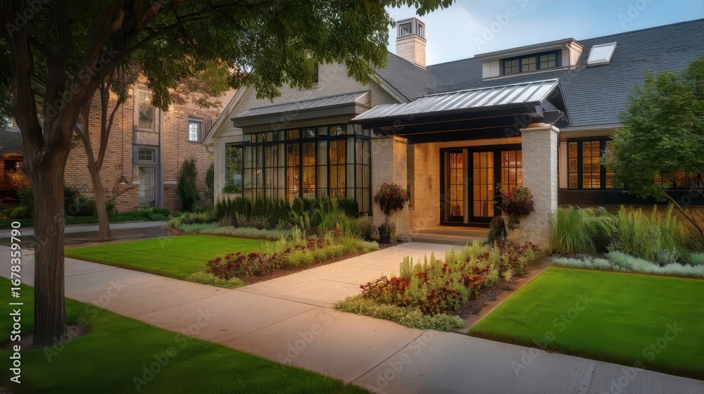 Elegant residential building at dusk with modern classic design, large black-framed windows, well-manicured lawn, Elegant residential building at dusk with modern classic design, large black-framed windows, well-manicured lawn,