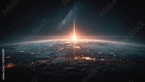 Fototapeta Naklejka Na Ścianę i Meble -  Earth's sunrise from space, city lights dotted across continents