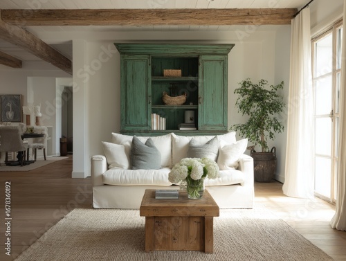 A sun-drenched living room boasts a light-filled space, showcasing a charming antique teal-painted china cabinet, a comfortable cream-colored sofa, and a rustic wooden coffee table.
