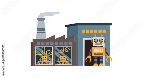 Automated industrial revolution: A flat vector illustration of a robotic factory and a robot guardian, blending mechanical and technological themes
