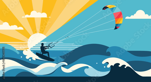 A vibrant graphic illustration of a lone kitesurfer carving through stylized waves. A colorful kite soars as the sun's golden rays dramatically split the sky with a cool, clear blue