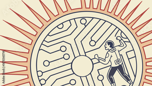 Astronaut exploring a digital circuit board resembling a sun with radiating lines