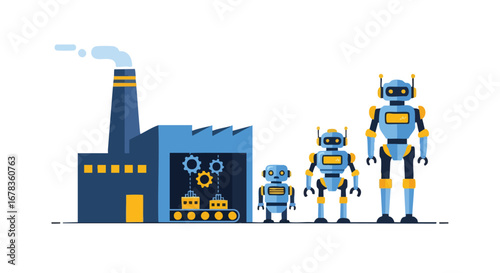 Robotic future: Automated factory with a hierarchy of robot workers, symbolizing technological advancements in manufacturing and labor force