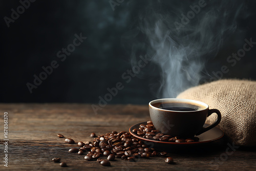 Freshly brewed coffee and aromatic beans on a dark wood table.