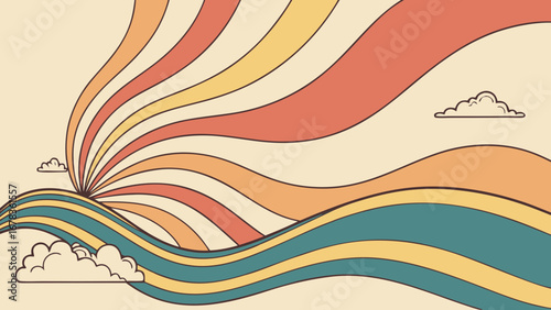 Retro psychedelic wavy lines and clouds in warm vintage colors creating a vibrant abstract background