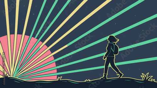 Silhouette of a woman with a backpack walking towards a stylized sunrise with colorful rays of light