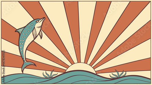 Stylized dolphin leaping over waves with retro sunburst background in warm earthy tones