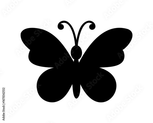 Simple Black Butterfly Silhouette with Round Wings and Curly Antennae