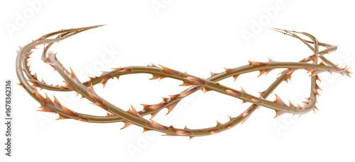 A powerful 3D render of a stylized thorn crown, its brown and orange thorns creating a symbolic wreath with compelling perspective.
