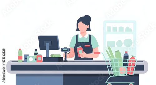 Female cashier scanning grocery items at a supermarket checkout counter. A woman working in a retail store with a shopping cart full of products