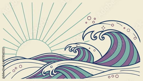 Stylized ocean waves under a rising sun with sunburst rays and bubbles