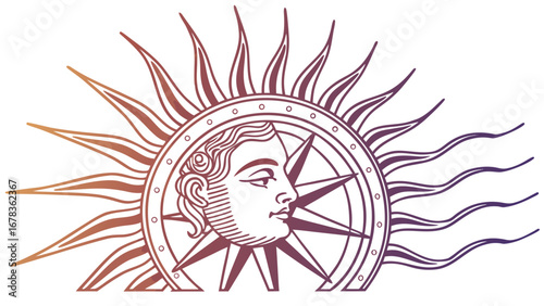Stylized sun with a human face and compass rose design in gradient colors
