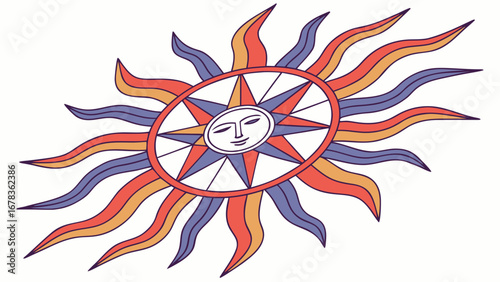 Stylized sun with a human face and wavy rays in a retro color palette