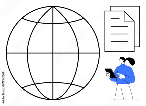 Large globe grid, two stacked documents, and a professional analyzing data on a tablet. Ideal for technology, communication, global business, teamwork, education, analysis simple landing page