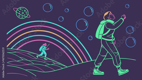 Two adventurers journey through a surreal landscape with a rainbow and planets under a sky filled with bubbles