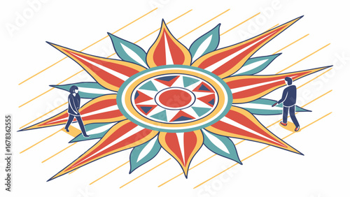 Two stylized figures walk alongside a vibrant colorful starburst mandala with geometric patterns and diagonal lines