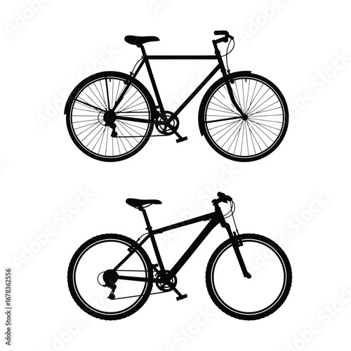 Two black bicycle silhouettes on a white background, one a commuter or hybrid bike and the other a mountain bike.