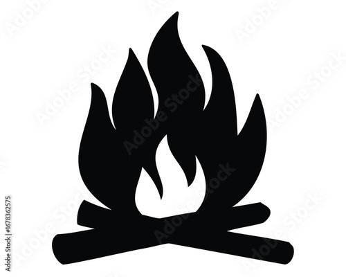 Stylized campfire drawing with flames and logs in black and white