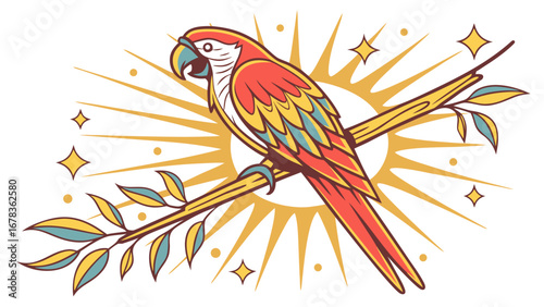 Vibrant red and yellow macaw perched on a branch with a sunburst and stars in a stylized illustration