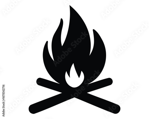 Graphic silhouette of a campfire with firewood on a white background