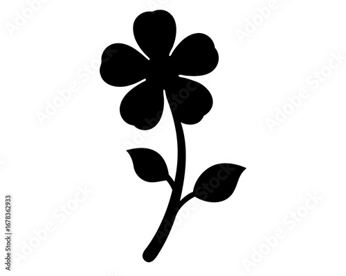 Silhouette of a simple five petal flower with stem and leaves