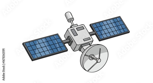 Illustration of a Satellite with Solar Panels and a Large Circular Antenna for Communication